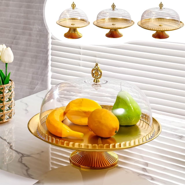 Soporte para tartas de metal dorado y acrílico con tapa - Bandeja de postres de 3 niveles para aperitivos, fruta y golosinas - tamaños de 10,23", 11,81", 13,39"