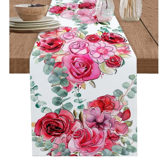 Hokiten Table Runners 72 Inches Long Dress Scarves, Valentine's Flower, Farmhouse Kitchen/Dining Table Runner, Coffee Tablerunners, Romantic Rose Floral Eucalyptus Leaves 16x72 Inch