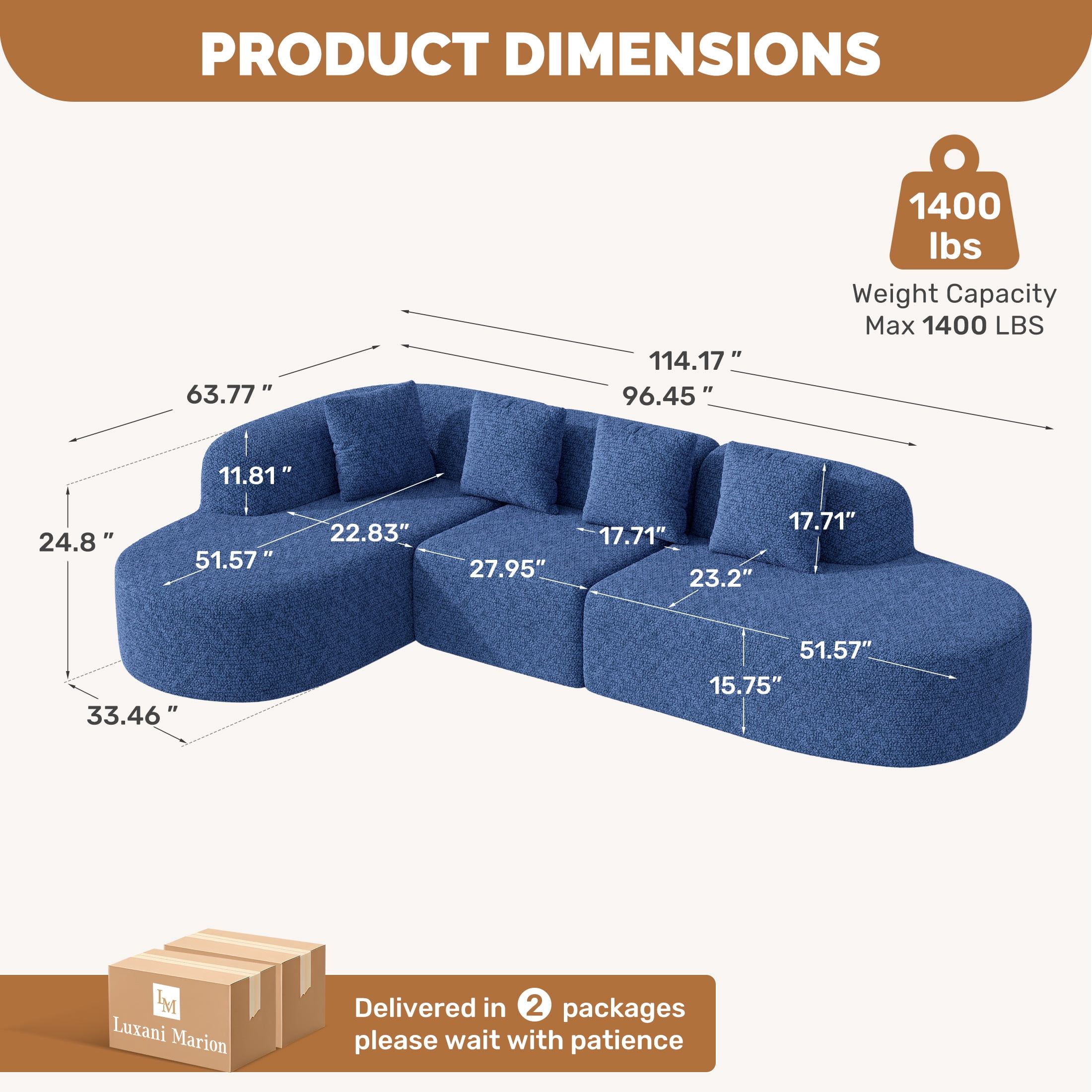 Daluvenix 114 Inch Boneless Couches for Living Room Modern Modular Sectional Sofa with Left Chaise L-Shape Cloud Sectional Couch
