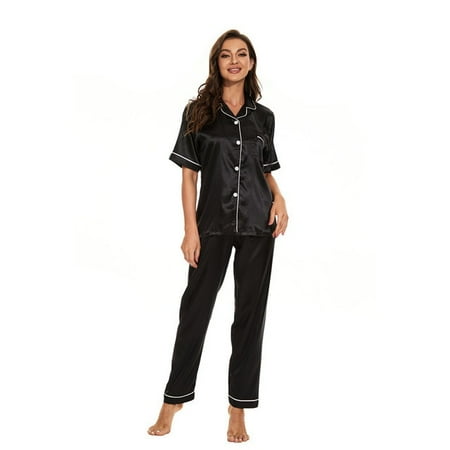 

DanceeMangoo Women Satin Party Pajamas set woman 2 pieces pijamas Short Sleeve Casual Homewear Spring Summer Pajama Sets Silk Sleepwear Set
