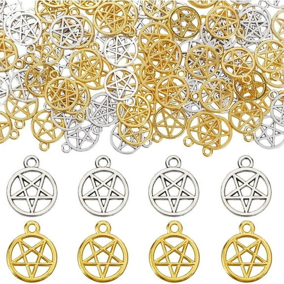 1 Box 100Pcs Small Pentagram Charm Silver Pentacle Charms Bulk Magic Gold Five Pointed Stars Tibetan Alloy Hollow Star Charm for Jewelry Making Charms Supplies DIY Necklace Bracelet Earrings