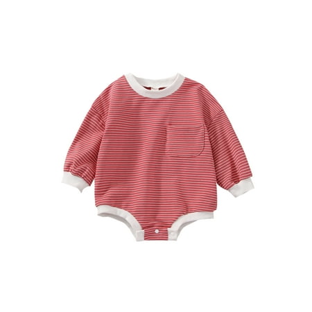 

jaweiwi Baby Girl Striped Romper Long Sleeve Round Neck Casual Fall Spring Short Crotch Button Jumpsuit Size 0 6 12 18 24 M