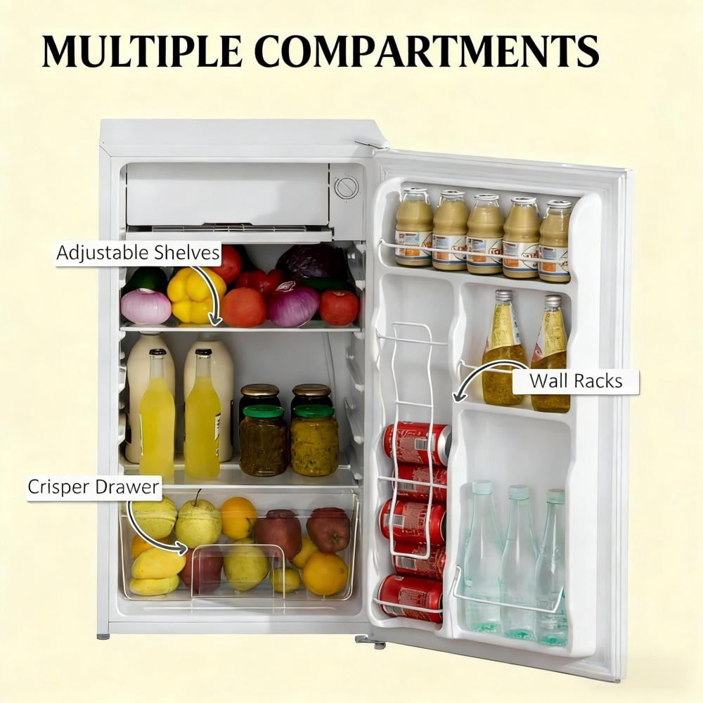 Portable Mini Fridge with Freezer, 3.2 Cu.Ft Compact Refrigerator with Mechanical Thermostat, Adjustable Shelves & Reversible Door for Bedroom, Dorm, Office