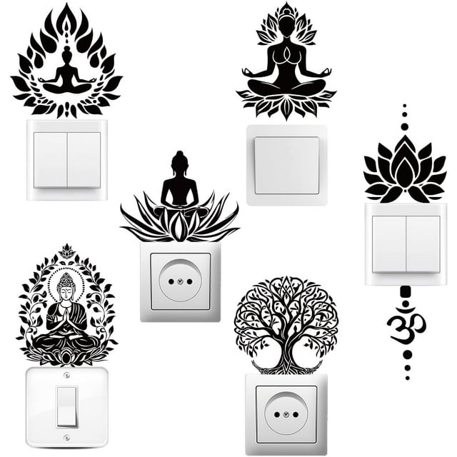 6Pcs Light Switch Plate Stickers Mindful Spiritual Design Lotus Flowers Switch Stickers for Light Switch Wall Outlets Bedroom Living Room Laptop Computer 7 x 7 Inches