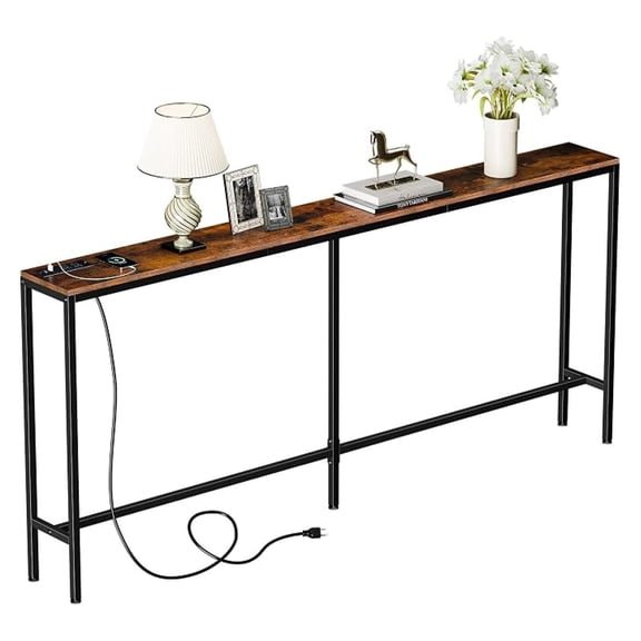 70.8" Console Table with Power Outlet, Wood Narrow Sofa Platform with Charging Station, Entryway Hallway Behind Couch Table with USB, for Living Room, Foyer, Rustic Brown