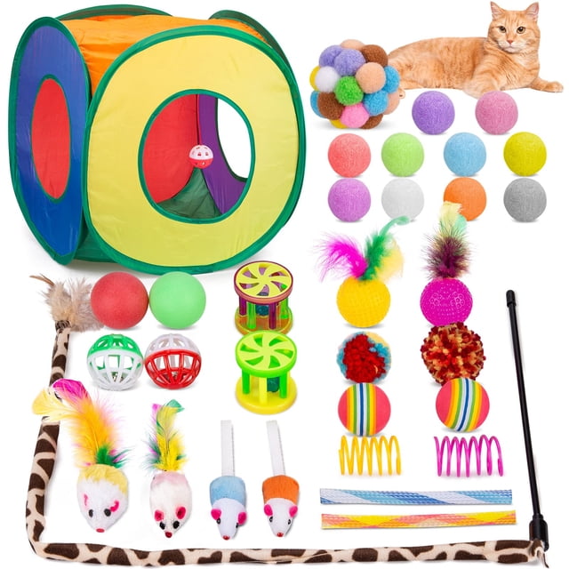 Set de juguetes para gatos Retro Shaw, 33 piezas con túnel, varita, pelota y más