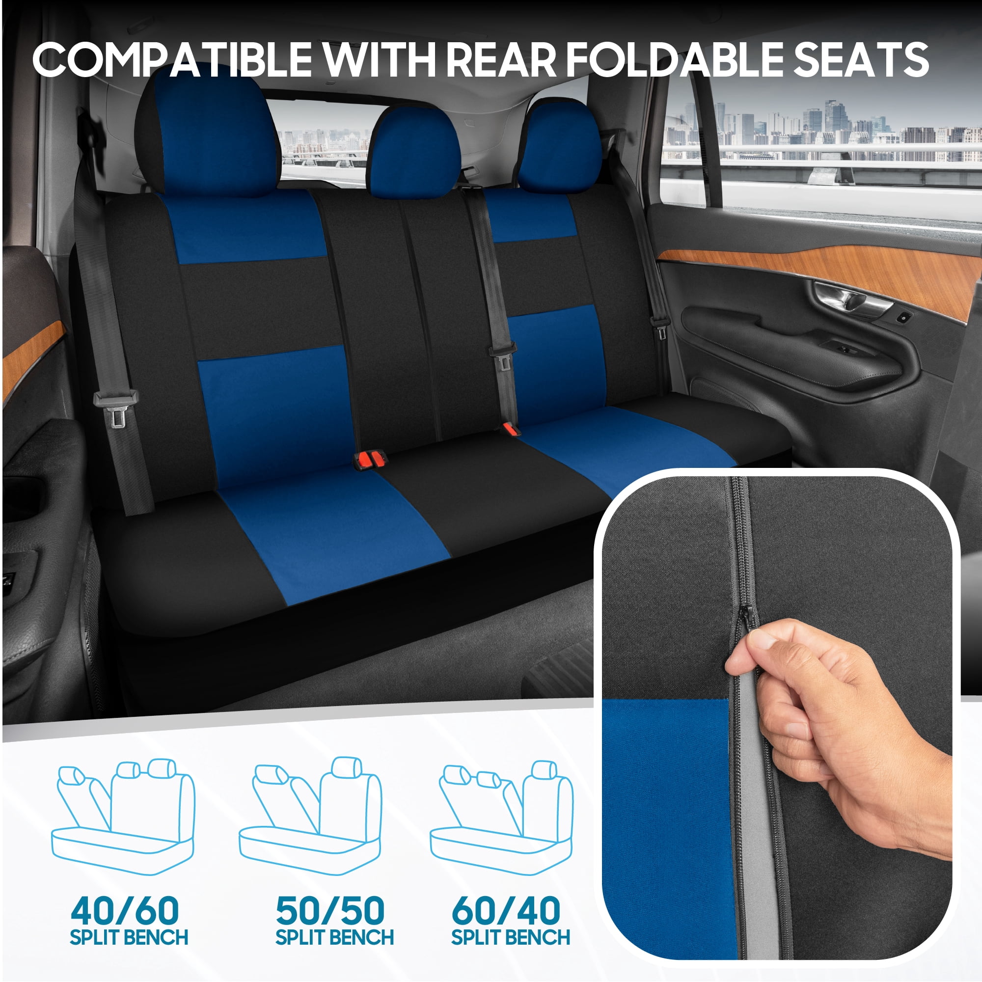 BDK PolyPro Black / Blue Car Seat Covers Full Set with Matching Carpet Floor Mats - Automotive Seat Covers for Cars Trucks SUV - Includes Split Bench Rear Seat Cover - Interior Car Accessories