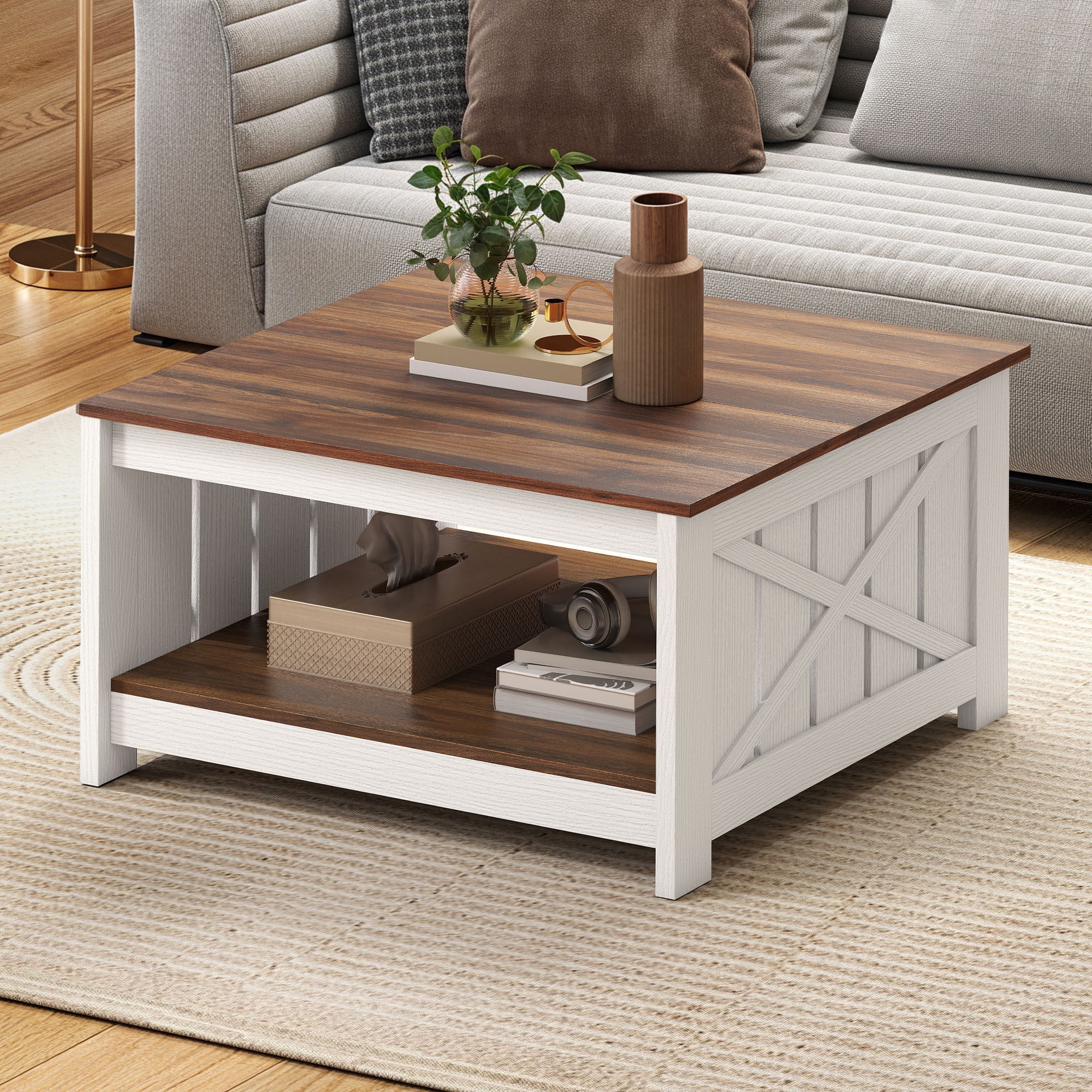 Uforic Rustic Farmhouse Coffee Table with Half-Open Storage, Square Rustic Wood Cocktail Table for Living Room, Brown with White