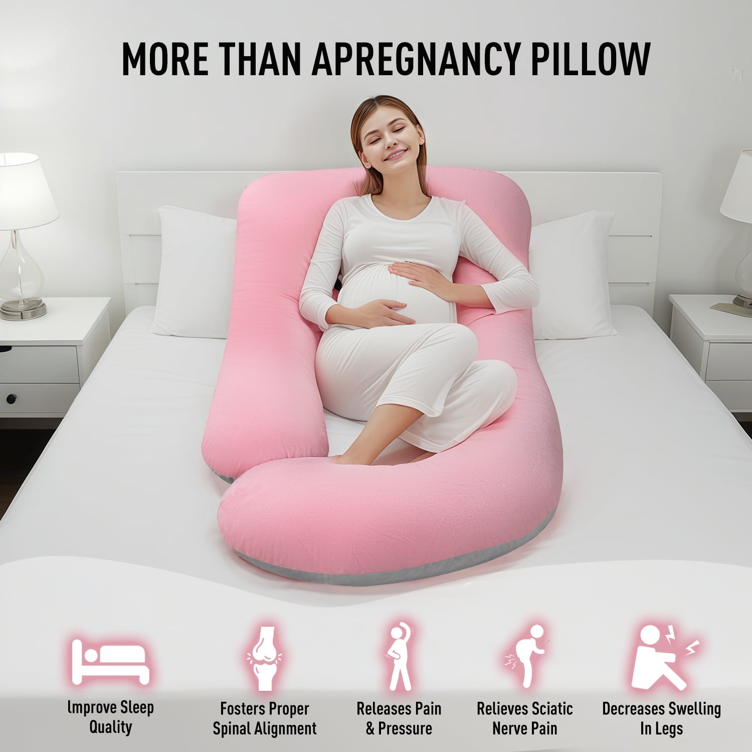 Babyomi J Shaped Maternity Pillow - Full Body Support for Pregnancy, Back & Hip Pain Relief, 3-in-1 Nursing Pillow, Machine Washable Cover, Grey Pink
