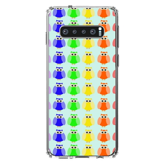 DistinctInk Clear Shockproof Hybrid Case for Samsung Galaxy S10 (6.1" Screen) - TPU Bumper, Acrylic Back, Tempered Glass Screen Protector - Rainbow Owls Cartoon - Cartoon Owls