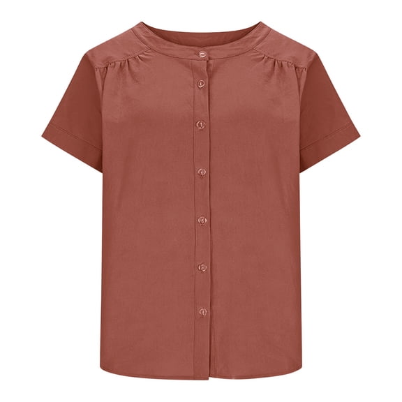 Oversized Tshirts for Women Linen Cotton Blend Button Down Shirt Casual Short Sleeve Neck Blouse Loose Fit Red Summer Tops for Women