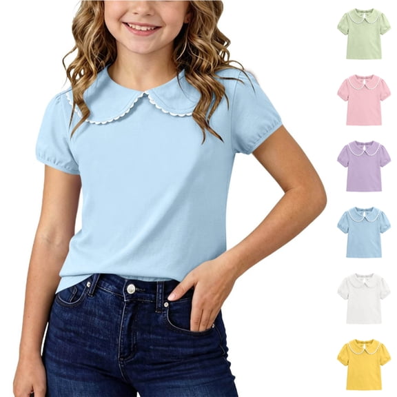 VIPOIN Girls Short Sleeve Peter Pan Collar T-Shirt Scalloped Trim Bubble Sleeve Casual Cotton Tee