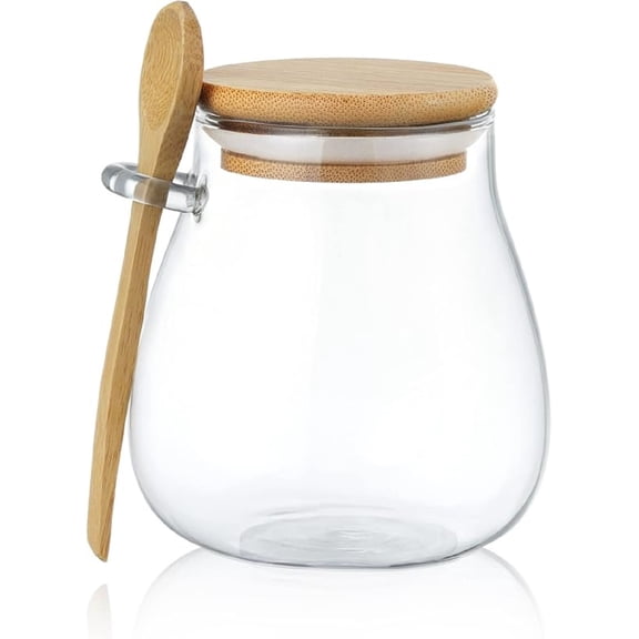Glass Jar with Airtight Bamboo Lid and Spoon Attached, 12 oz Salt Sugar Spice Seasoning Container, Clear Condiment Pot, Glass Food Storage Canister for Kitchen Countertop Pantry