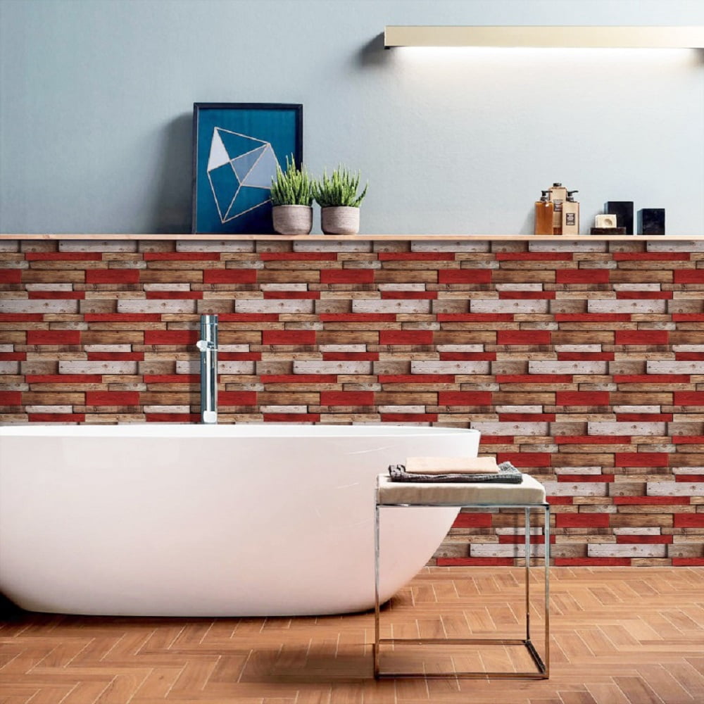 12Pcs Self-Adhesive Wallpaper Retro Red Shaped Wood-Grain