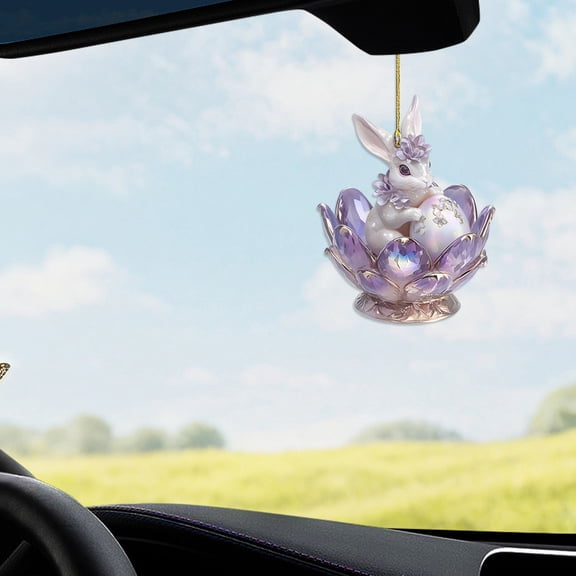 Easter Decorations Easter Car Hanging Ornament 3.15inch 2D Acrylic Practical And Stylish Crystal Rabbit & Easter Eggs Rearview Mirror Pendant,For Spring Easter Decoration Gifts