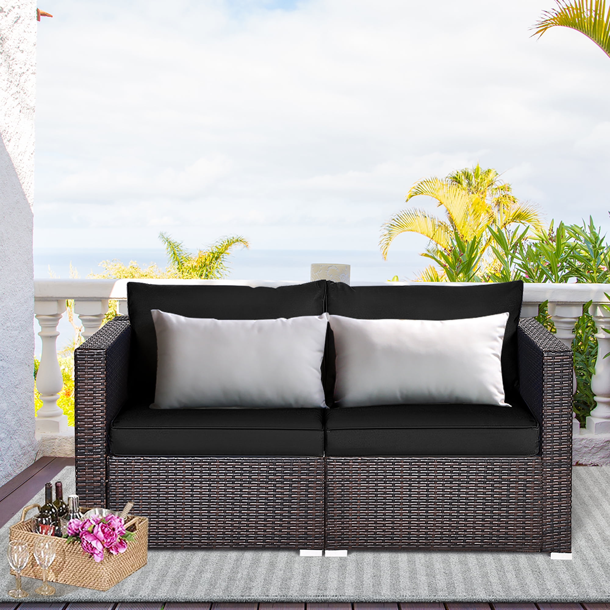 COSTWAY 2PCs Patio Rattan Corner Sofa Sectional Furniture Set Black Cushion