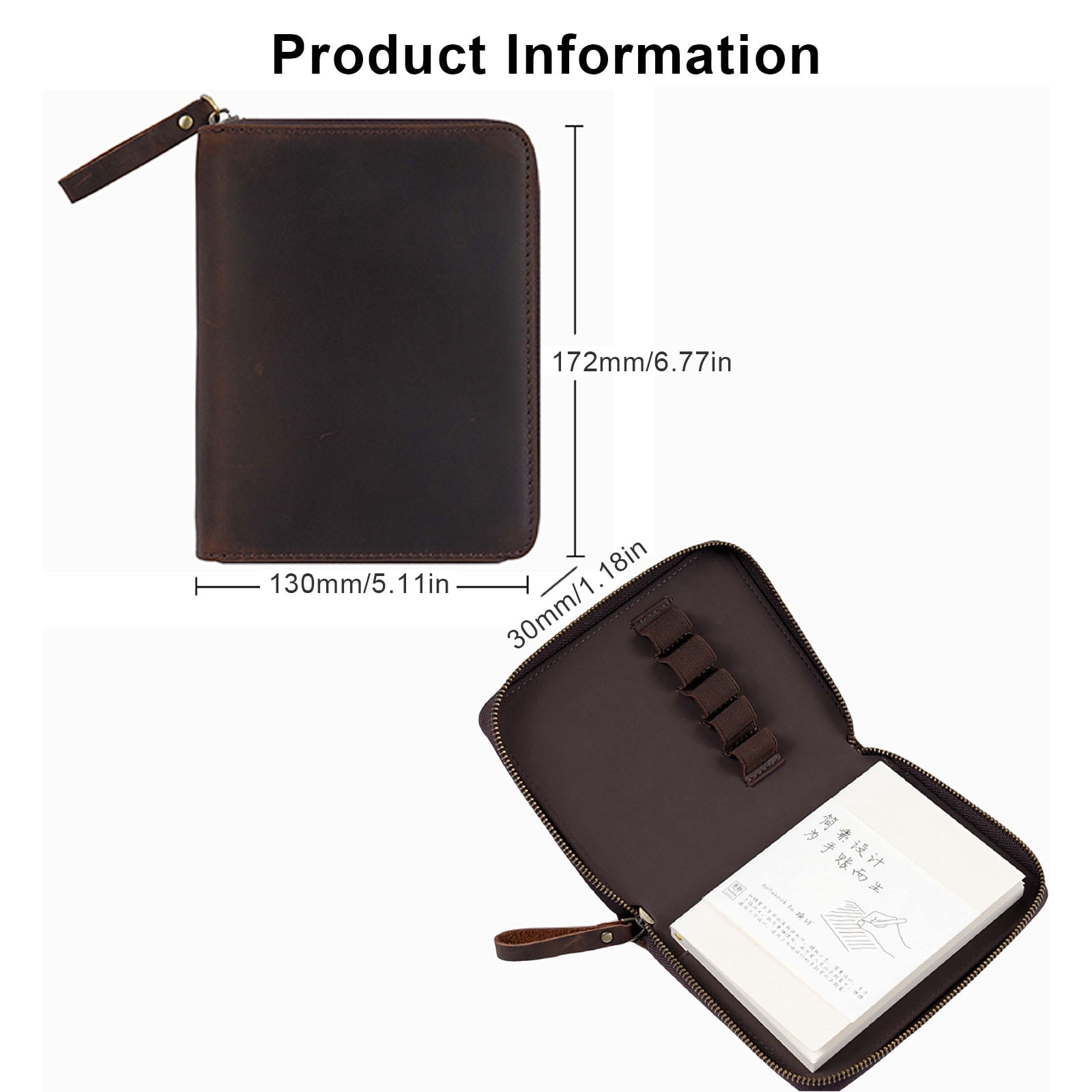 Zippered Leather Notebook Protector with Pen Slot for 3.5x5.5Inch Field Notes Handmade Journal Covers