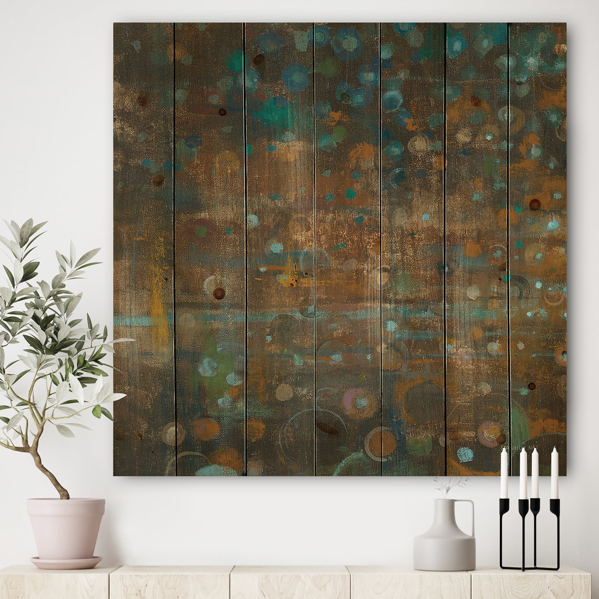 Designart 'Bronze and Blue Dots On Glass III' Cabin & Lodge Print on Natural Pine Wood