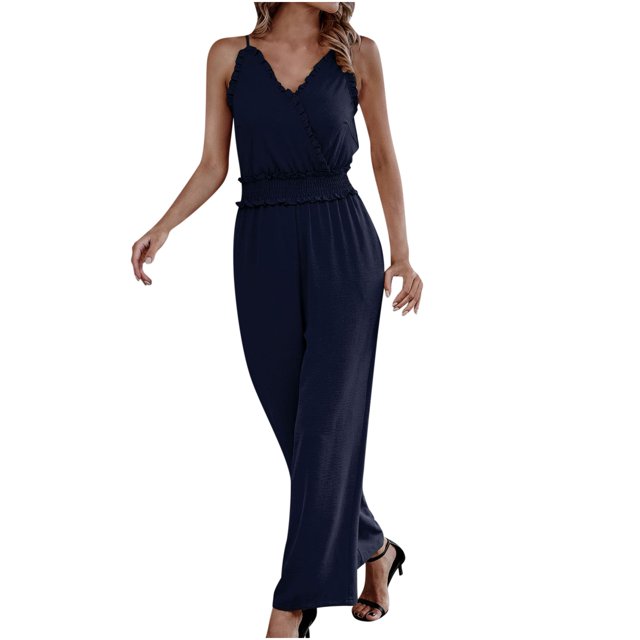 Stretchy Jumpsuits for Women Ruffle V Neck Spaghetti Straps One Piece Long Pants Outfits Sleeveless Summer Rompers