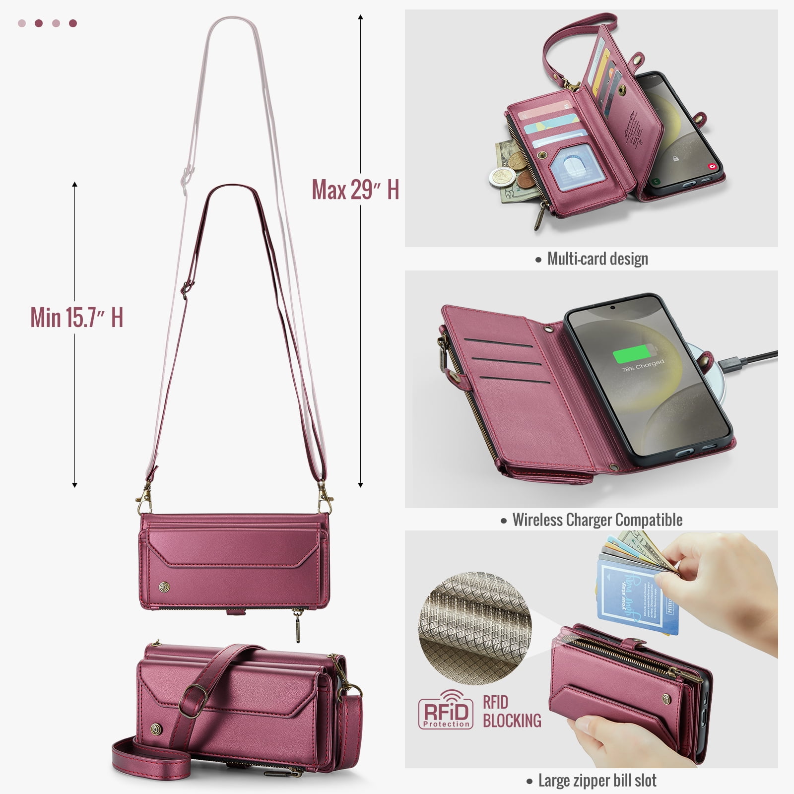 Dteck Crossbody Wallet Case for Samsung Galaxy S24 FE 5G RFID Blocking 10-Card Holder Soft PU Leather Magnetic Snap Strap Zipper Pocket Phone Case Fit for Galaxy S24 FE 6.7",Winered