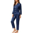 thumbnail image 4 of INSPIRE CHIC Women's Satin Lounge Set Long Sleeve Button Down Shirts with Pants Silky Pajamas XS Dark Blue, 4 of 7