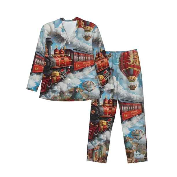 Fotbe Red Train Hot Air Balloon Pijama de Hombre con Estampado de Manga Larga, Conjunto de 2 Piezas, Ropa de Dormir Suave y Cómoda con Bolsillos-Large