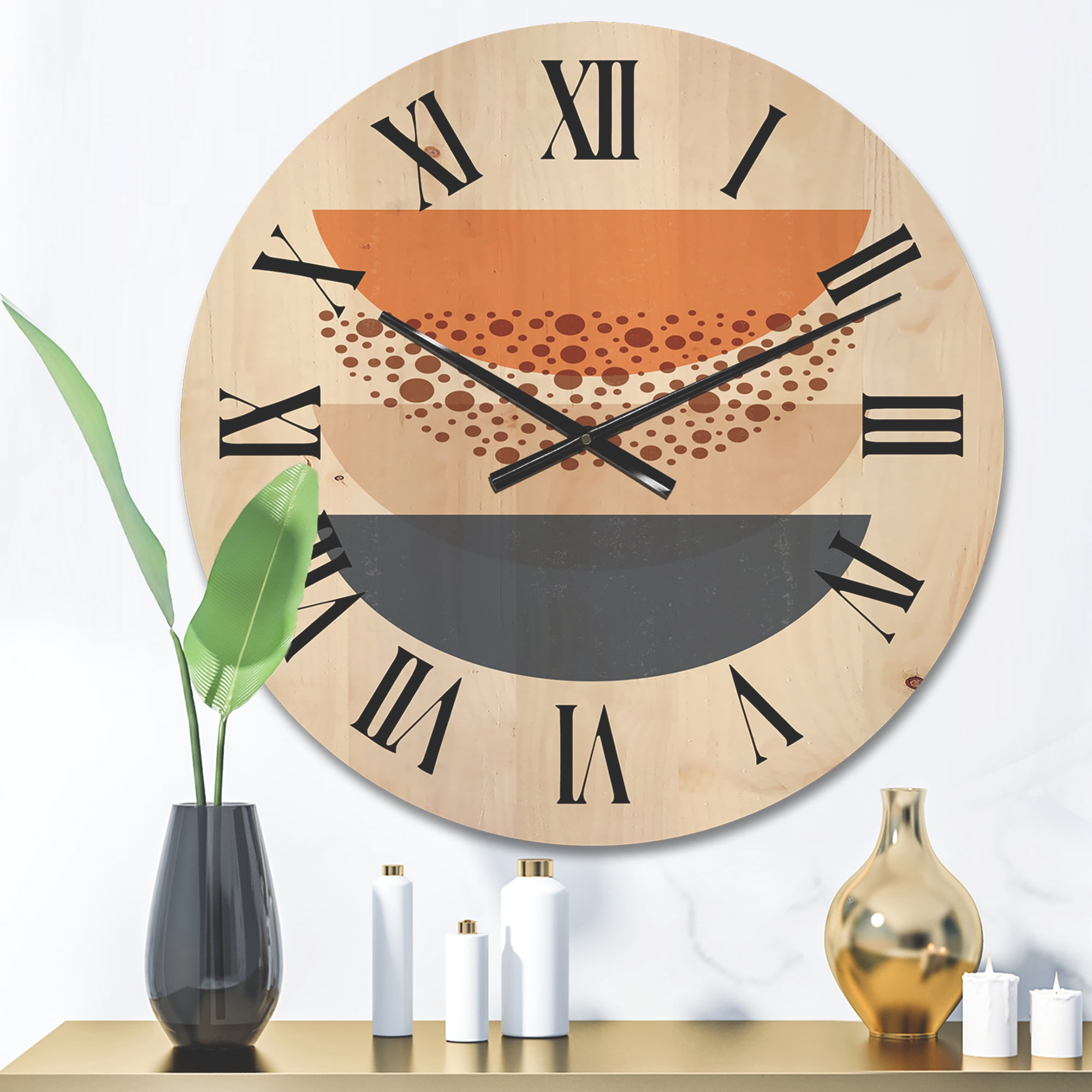 Designart 'Abstract Moon and Sun Geometrics In Blue & Orange' Modern Wood Wall Clock