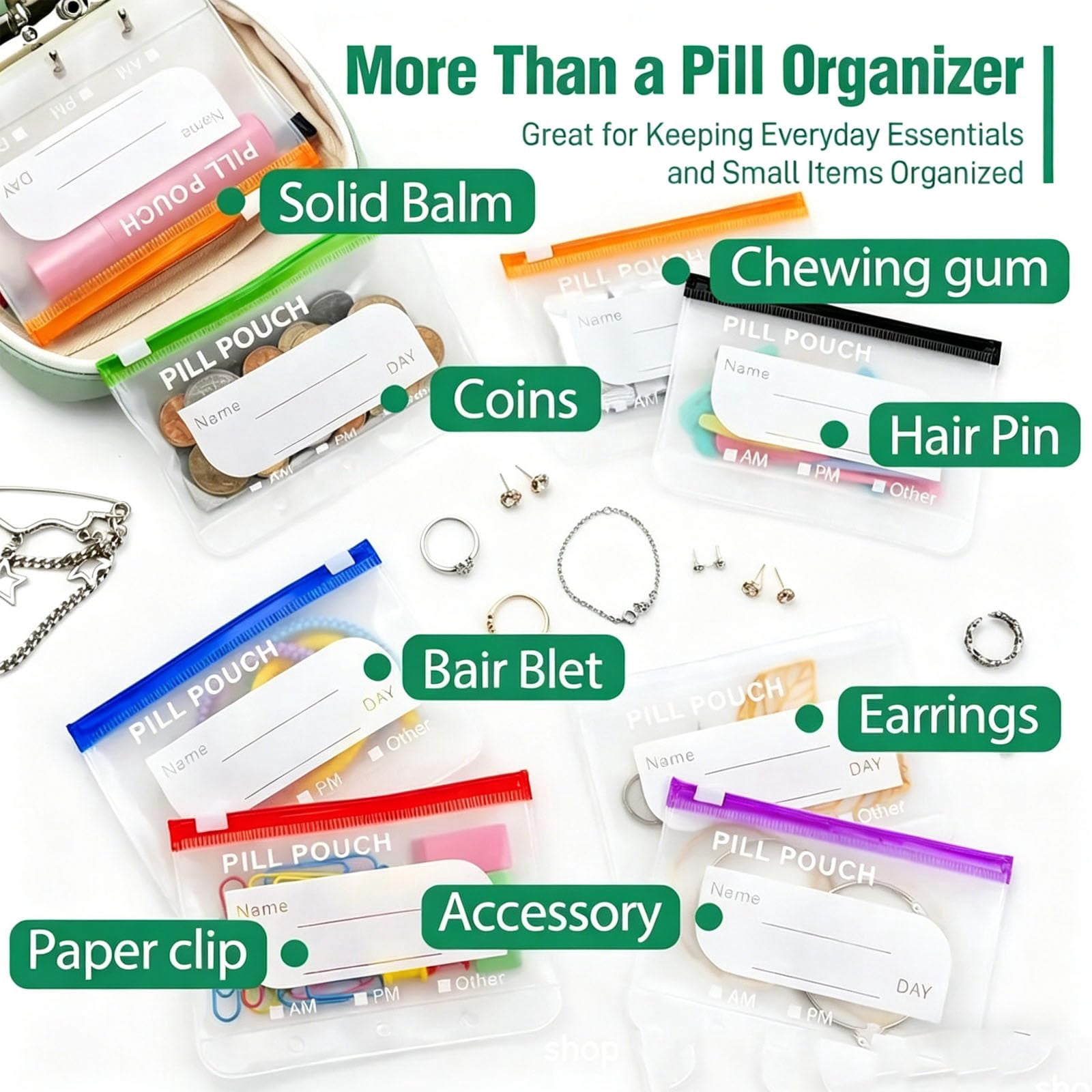 A8 Waterproof Pill Organizer Set with 14 Color-Pill Pouches, Pouches Large Weekly Pill Organizer for Travel Purse Daily Use, Reusable Portable Travel Pills Bag for Fish Oils