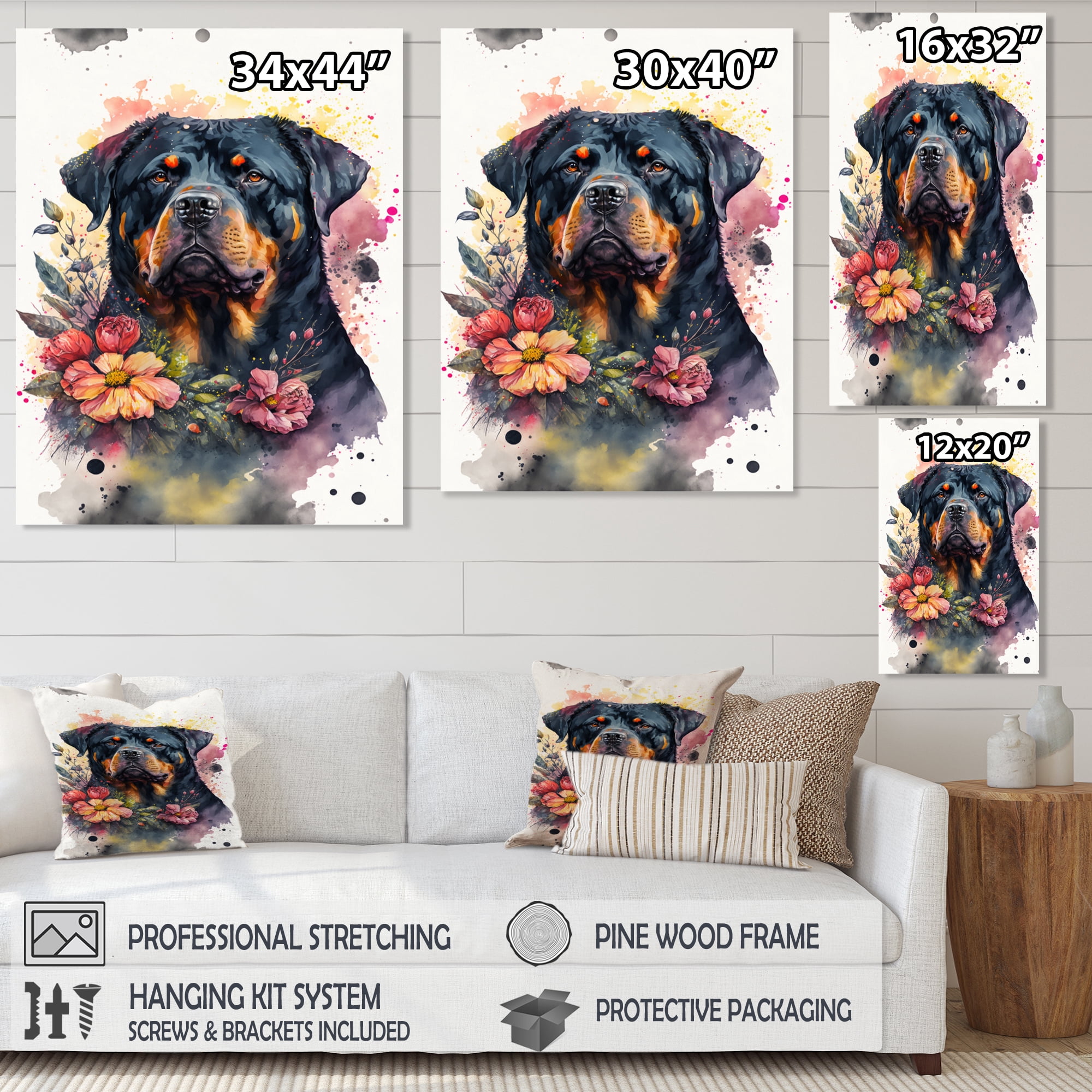 Designart Cute Rottweilers Floral Art I Canvas Wall Art