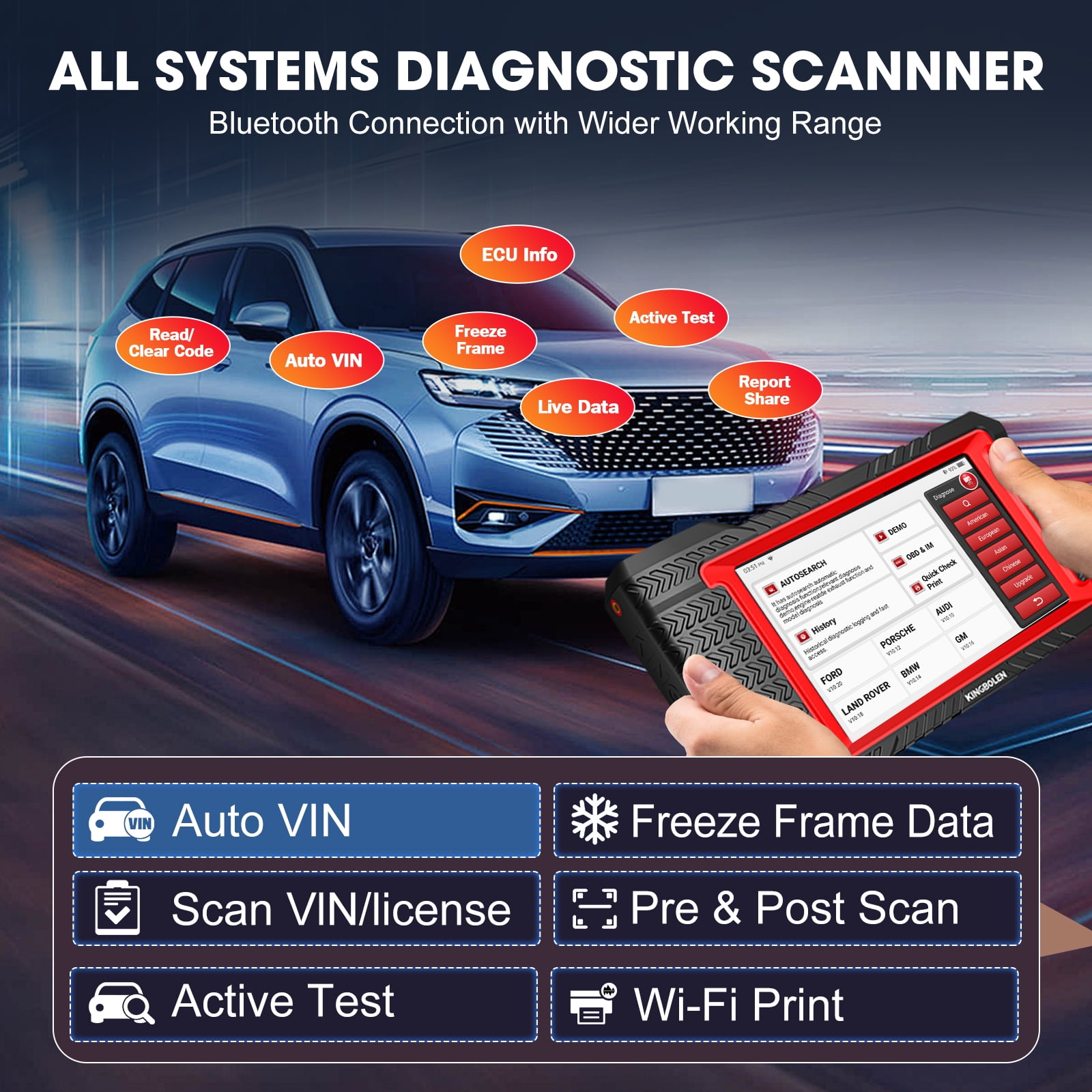 KINGBOLEN K7  Scan Tool Bluetooth  2024 Bidirectional Scan Tool with  31+ Resets, FCA AutoAuth, Crankshaft Relearn/Active Test, Car Diagnostic Scanner for All Systems