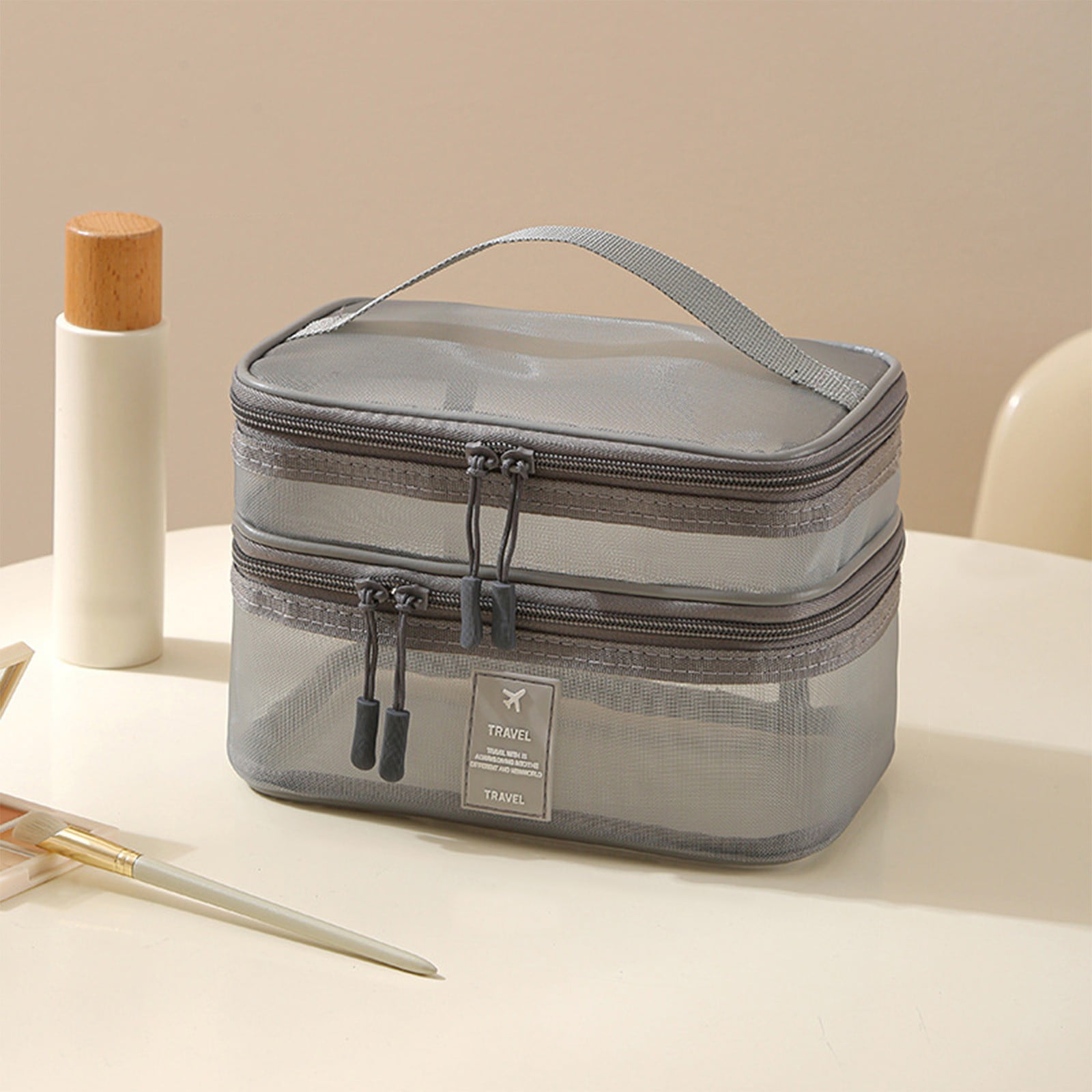 Mesh Toiletry Bag Travel Multi-Layer Cosmetics Storage Large Capacity Business Trip Portable Sundry Organizer with Handle Transparent Durable Lightweight Travel Accessory
