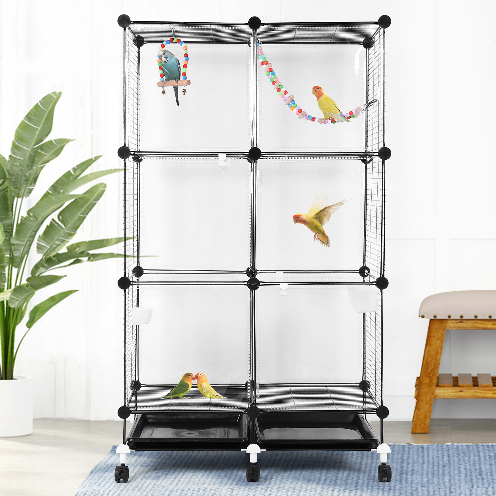 golytefs Bird Cage Universal Wheel Metal Parrot Cage with Stand Tray Swing Ladder (Black)
