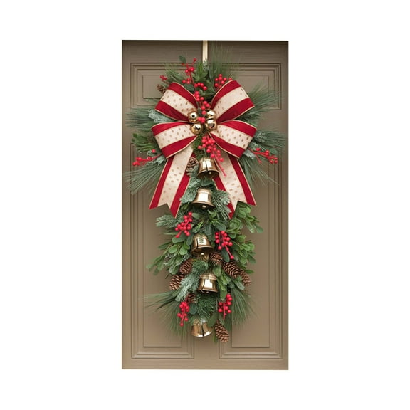 Christmas Door Cover – Ice Silk Polyester Fabric Holiday Door Decoration – 70.8 x 35.4 in Red Christmas Theme Hanging Curtain for Front Door, Indoor & Outdoor Display with Ropes Included