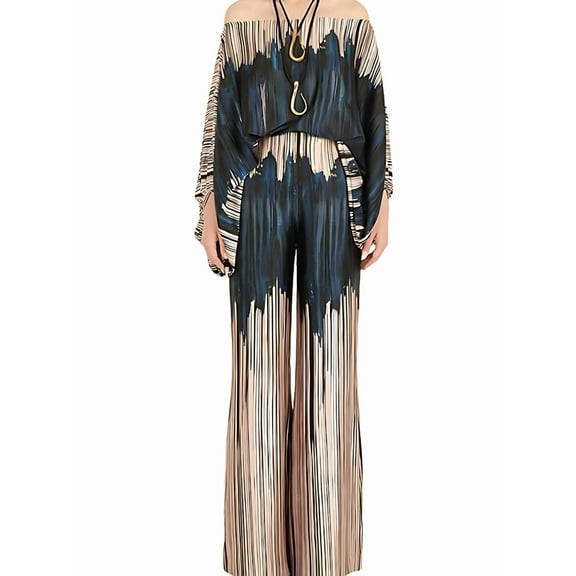 Womens Fall Loose 2 Piece Outfits Off Shoulder Printed Long Sleeve Casual Going Out Wide Leg Pants Set Blue Brown XL