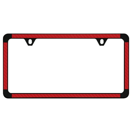 - Red Simulated Carbon Fiber On Black Powder Coated Thin Rim License Plate Frame Holder