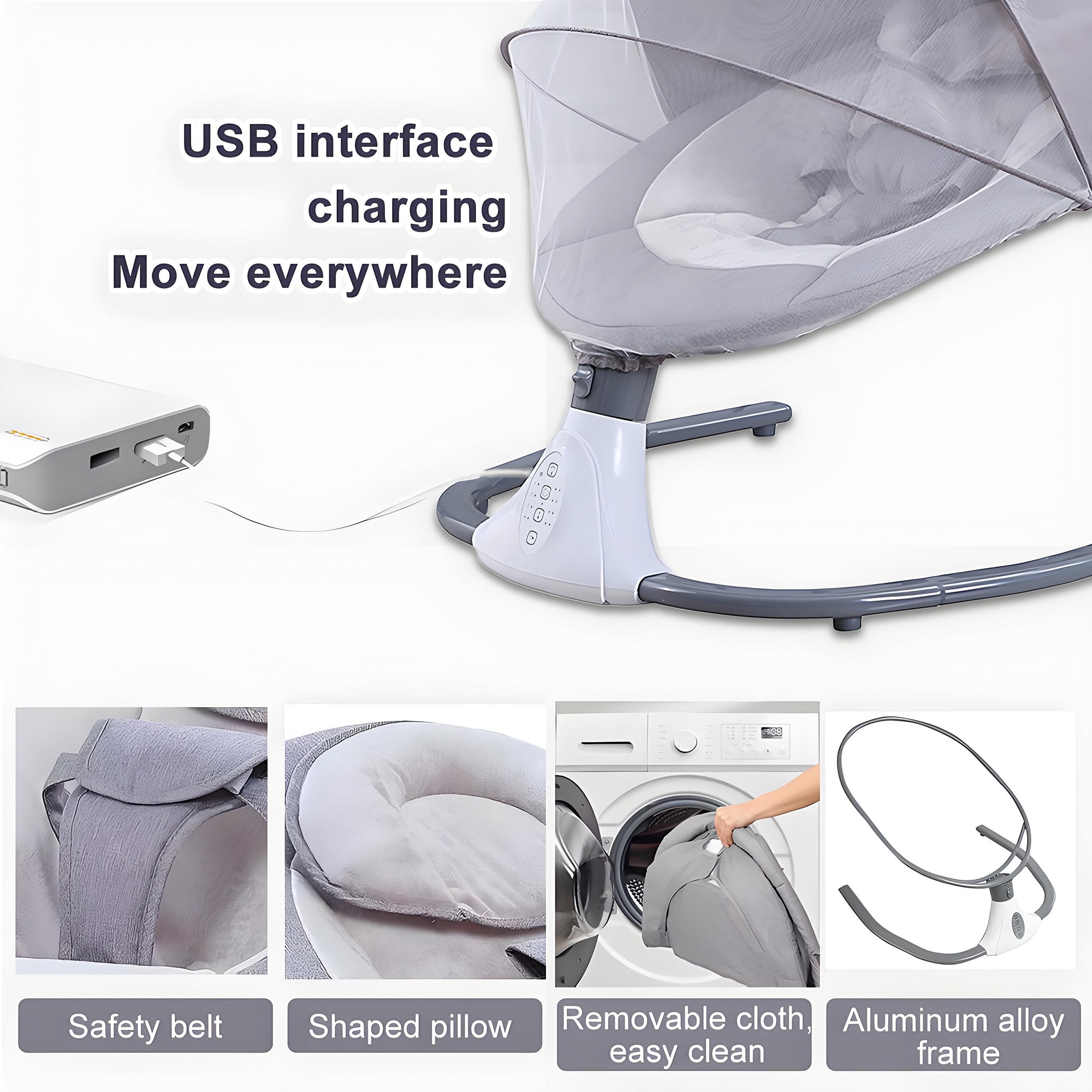 Electric Baby Swing for Infants - Bluetooth Music Speaker with 12 Lullabies and 4 Speeds, Remote Control, Gray