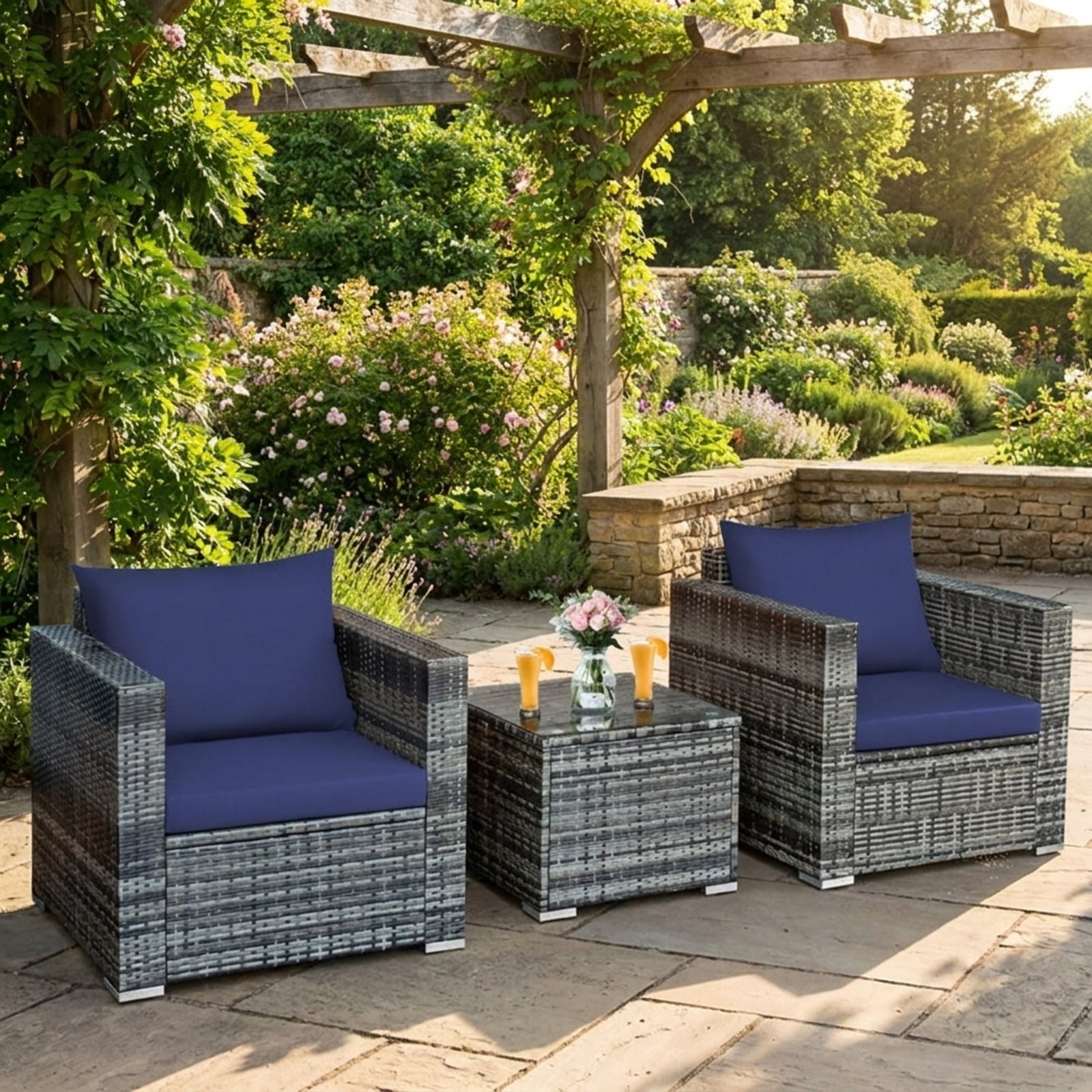 Biotree 3 Piece Patio Rattan Bistro Sofa Set outdoor conversation set with cushions and tempered glass coffee table for balcony garden and porch, Navy
