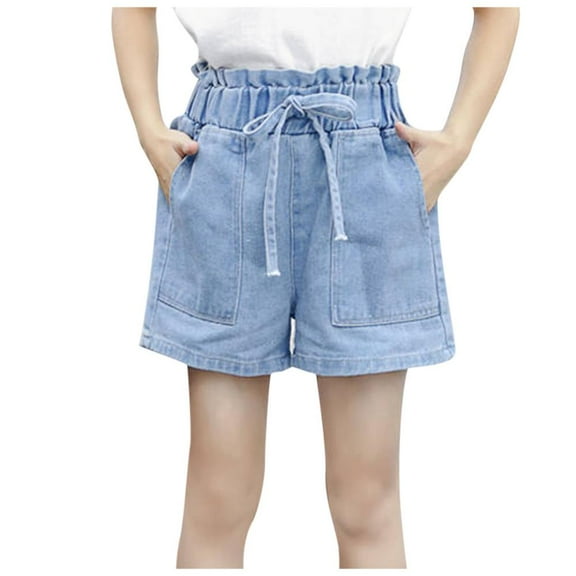 Bxsruta Toddler Girl Shorts, Spring and Summer Cute Solid Girls Pocket Elastic Waist Comfy Shorts Jeans, Light Blue 3 Years