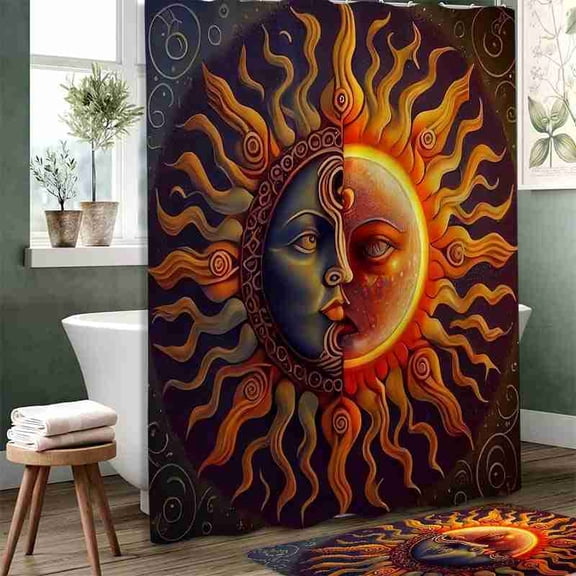 70x70 inch Celestial Sun and Moon Face Shower Curtain, Waterproof Polyester Fabric with Hooks for Bathroom Decor