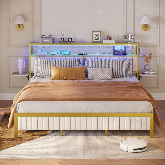 WXXRRR Full Bed Frame with Vertical Channel Tufted Headboard and Charging Station, Folding Bedside Shelves Storage, LED Metal Platform Bed Frame, Non-Slip, Noise-Free, Easy Assembly, White Oak