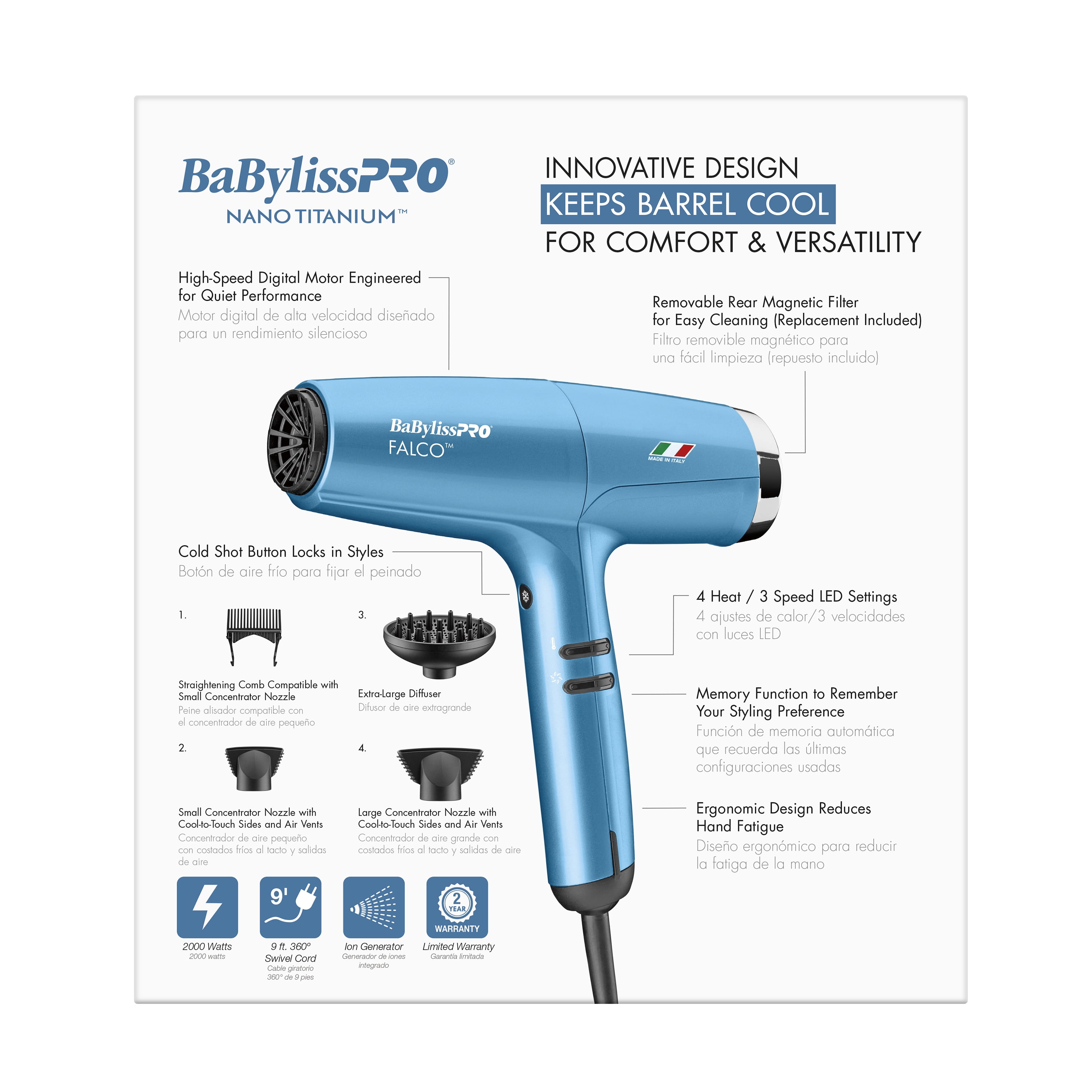BabylissPRO Nano Titanium Professional Italian High-Speed Falco Dryer (Blue)