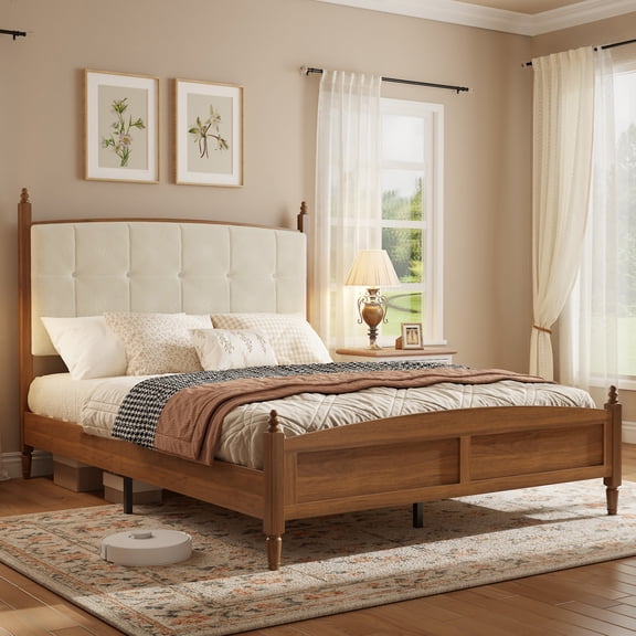 GARITIN Queen Size Platform Bed Frame, Vintage Spindle-Style Bed with Soft Padded Headboard, Sturdy Metal Support, 800 lbs Capacity, No Box Spring Needed for Bedroom Guest Room, Walnut Brown