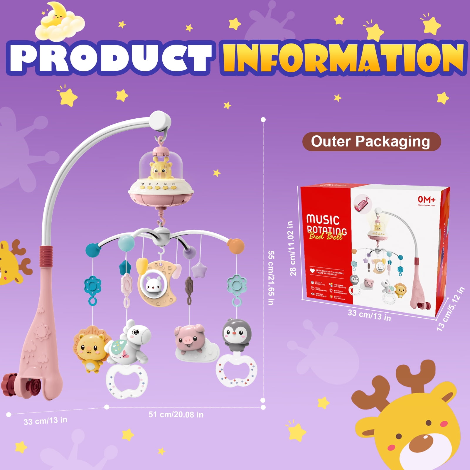 Sunforu Remote Control Crib Mobile with Music & Rotating Star Light Projector, Detachable Hanging Animal Toys for Newborn Baby Girls & Boys Nursery Decor