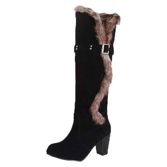 hopeusnice Women's Knee High Boots Fuzzy Fleece Lined Buckle Winter Warm Suede Boots Chunky Heel Comfortable Stylish Outdoor Snow Boots Black 37