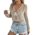 thumbnail image 2 of Women'S Tie Front Long Sleeve Scalloped Crop Cardigan Knit Top Khaki XL, 2 of 9