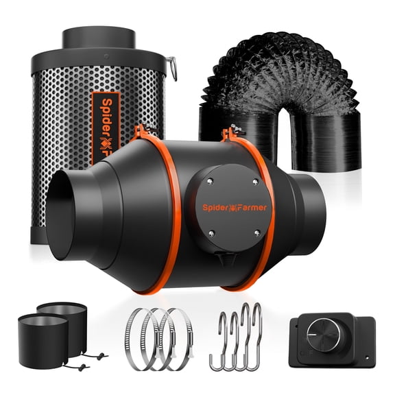 Spider Farmer 4” Inline Fan Kits 205 CFM with Speed Controller RJ12 Port, Carbon Filter Grow Tent Ventilation System, GGS Controller Controllable
