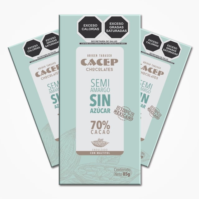 CACEP | Chocolate semi-amargo 70% cacao orgánico SIN AZÚCAR | 3 Pack barras de 85g c/u | Sin lácteos | Vegano | Snack Saludable