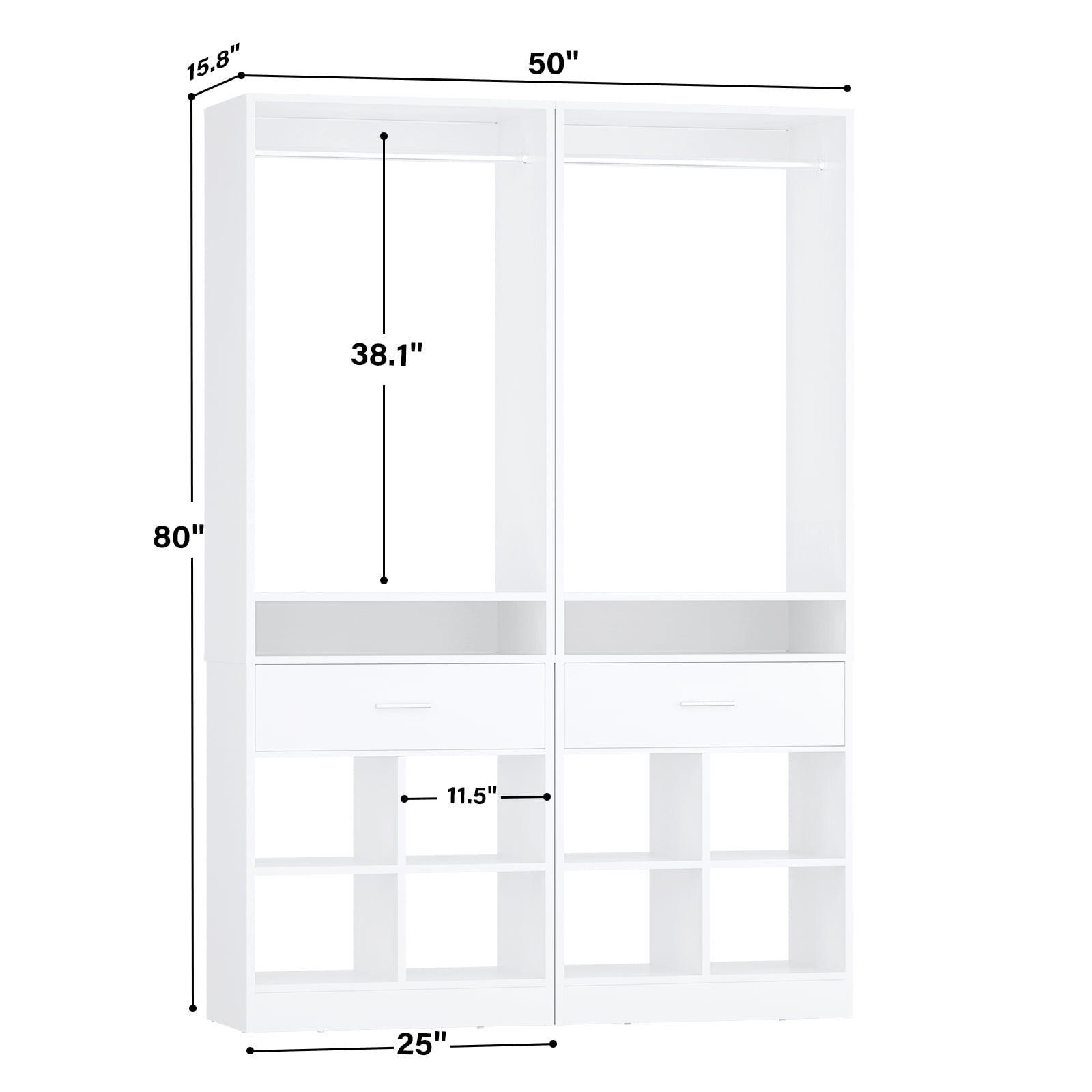 Homieasy 2-Pack Freestanding Closet System with 2 Wood Drawers & 8 Cubby Storage, Double Garment Rack Organizer ,50''W x 80''H, for Walk-In Closets,White