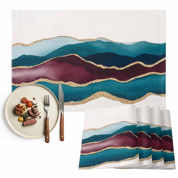 Gold Teal Wine Red Placemats Set of 6, Abstract Watercolor Coastal Art Table Mats Washable Heat-Resistant Non-Slip Place Mats for Kitchen Dinner Table Indoor Outdoor Decor,13x19 Inch