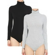 FashionMille Women's Shirred High Mock turtle Neck Long Sleeve Stretchy Jersey Leotard Top Bodysuit-FWT1302-2PK-BLACK/HGREY-S
